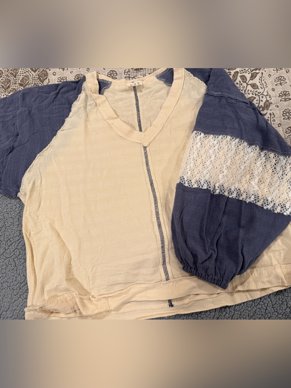 POL Cream and Navy V-Neck Peasant Blouse- new never worn